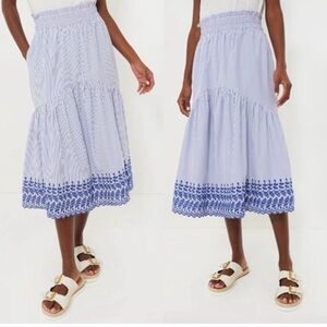 Tuckernuck NEW Blue White Eyelet Stripe Cinza Embroidered Midi Skirt Size L